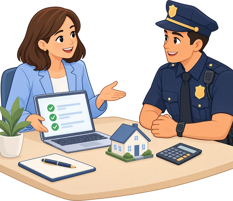 Illustration of a loan officer reviewing a checklist with a police officer